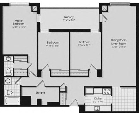 Floor plan for 3 beds, 1.5 baths, 1185 sqft